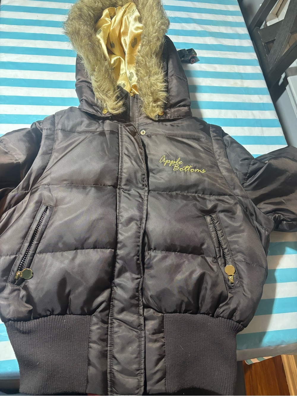 Apple Bottoms Kids Dark Brown Puffer Jacket with Faux Fur Hood
